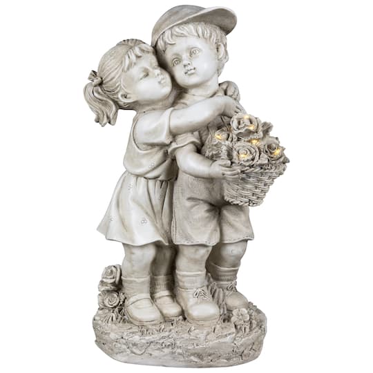 Solar Lighted Hugging Girl and Boy Outdoor Garden Statue - 16"